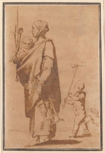 Een moeder die een kind en keukengerei draagt, gevolgd door een jongen en een hond door Jusepe de Ribera