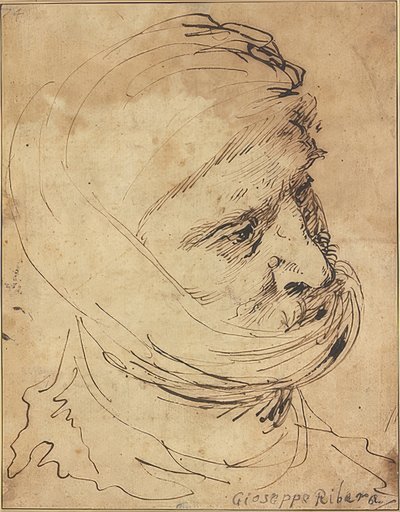 Baardig hoofd, met doek om de kin gebonden door Jusepe de Ribera