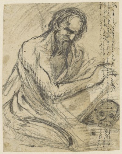 H. Hieronymus, schrijvend in een boek dat hij boven een schedel houdt door Jusepe de Ribera