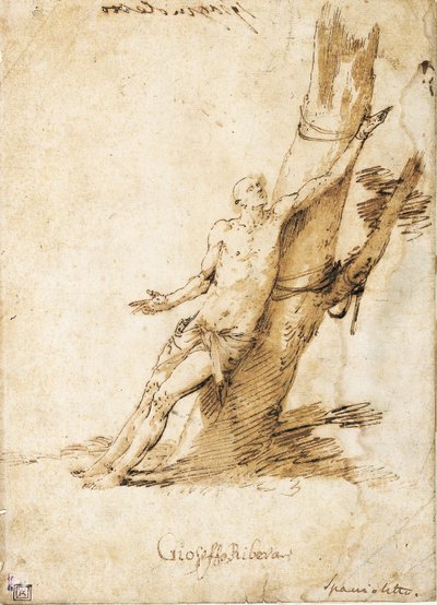 Sint Sebastiaan vastgebonden aan een boom, kijkend naar rechts door Jusepe de Ribera