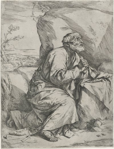 De berouwvolle Sint-Pieter, ca. 1621 (ets met gravure op velijnpapier) door Jusepe de Ribera