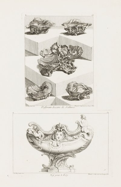 Differents Desseins de Sallieres (Verschillende ontwerpen voor zoutvaatjes), pl. 63 in Oeuvre de Juste-Aurele door Juste Aurèle Meissonnier