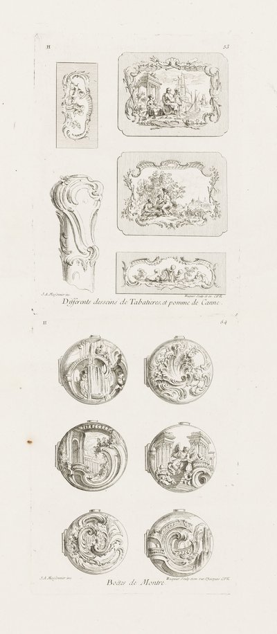 Differents desseins de Tabatières, et pomme de canne, cinquième planche, pl. 53 in Oeuvre de Juste-Aurèle Meissonnier door Juste Aurèle Meissonnier