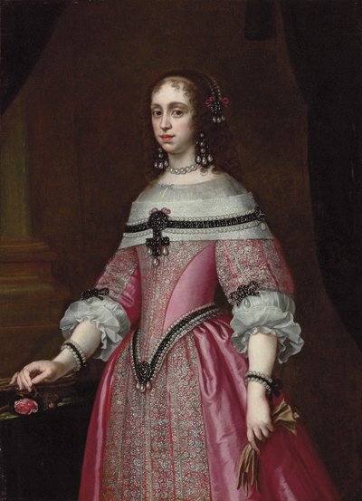 Portret van een dame, driekwart lengte, in een geborduurde roze jurk, uitgebreide hoofdtooi en oorbellen, met handschoenen in haar linkerhand en een roos in haar rechterhand, een gedrapeerde kolom achter door Justus (circle of) Sustermans