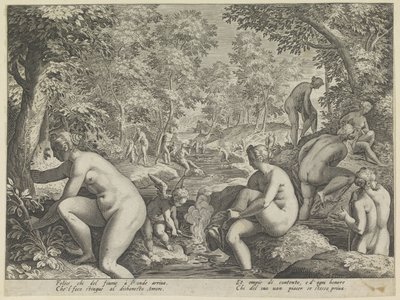 Badende vrouwen en mannen Amore Letheo Verschillende aspecten van de liefde door Justus Sadeler (attributed to)