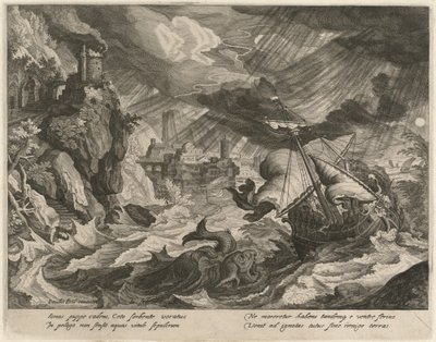 Jona in de Stormachtige Zee Geworpen door Justus Sadeler after Paul Bril