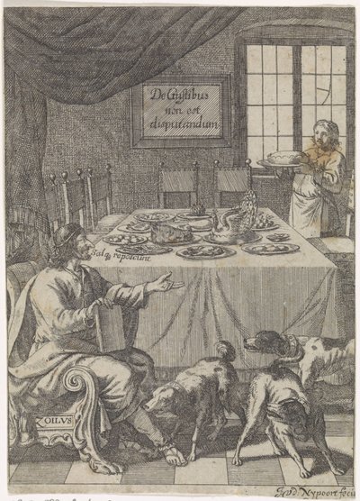 Zoilus zit bij een gedekte tafel door Justus van den Nijpoort