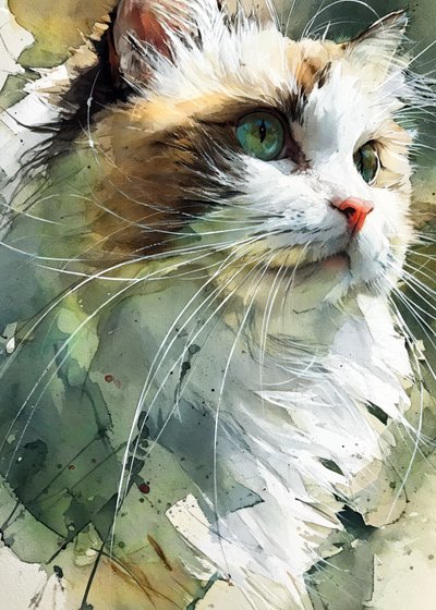 Aquarel van een kat met groene ogen door Justyna Jaszke
