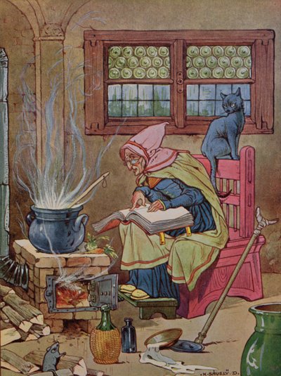Heks, illustratie uit een sprookjesboek, ca. 1910-20 door K. Savely Dezso