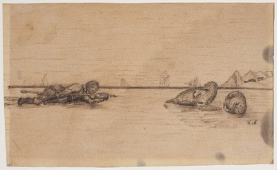 Motief uit een Oost-Groenlands verhaal (Een jager beweegt zich liggend op het ijs naar twee zeehonden bij een ademgat) door Kaarale Andreassen