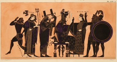 Afdruk van de decoratie op een Griekse amphora, met Hephaestus, Hera, Poseidon, Apollo, Zeus, Athena, Eileithyia, Heracles en Ares, ca. 1844 door Kaeppelin et Compagnie