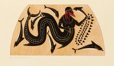 Afdruk van de Decoratie op een Griekse Amphora, met Poseidon vergezeld door Dolfijnen, ca. 1858 door Kaeppelin et Compagnie
