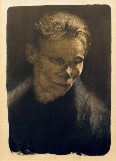 Borstbeeld van een arbeidersvrouw met blauwe doek door Käthe Kollwitz