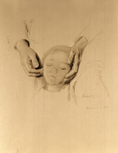 K. Kollwitz, Hoofd van een kind in handen door Käthe Kollwitz