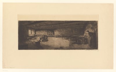 Kamer met vechtende mannen en een toesnellende vrouw door Käthe Kollwitz