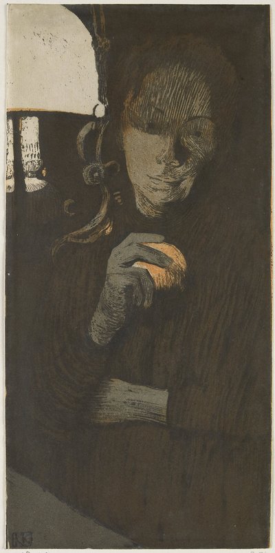 Portret van een onbekende vrouw met sinaasappel bij een lamp door Käthe Kollwitz