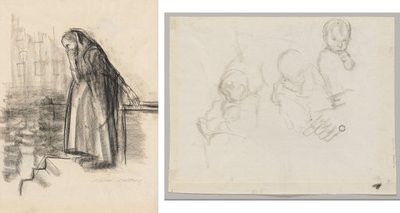 Zwangere vrouw die zelfmoord overweegt (recto) Drie studies van een kind (verso) door Käthe Kollwitz