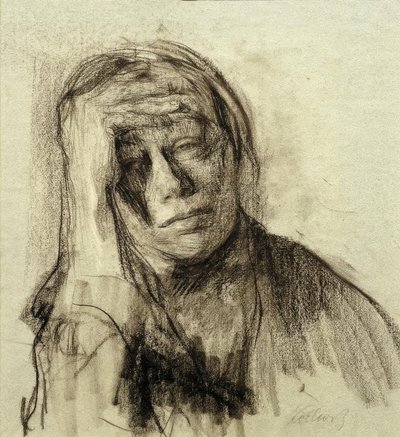Zelfportret met opgeheven rechterarm, hand aan het voorhoofd door Käthe Kollwitz