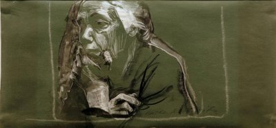 Zelfportret naar links met hand aan de kin door Käthe Kollwitz