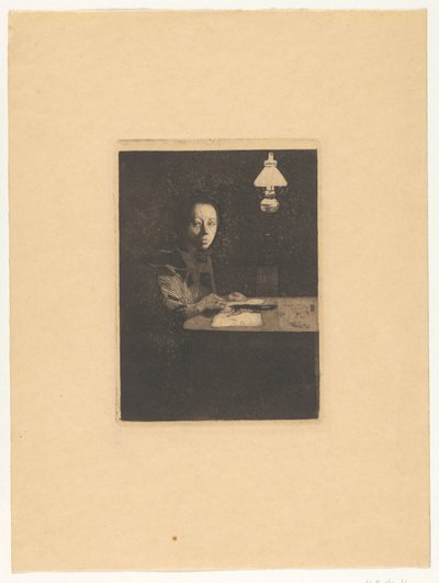 Zelfportret aan tafel door Käthe Kollwitz
