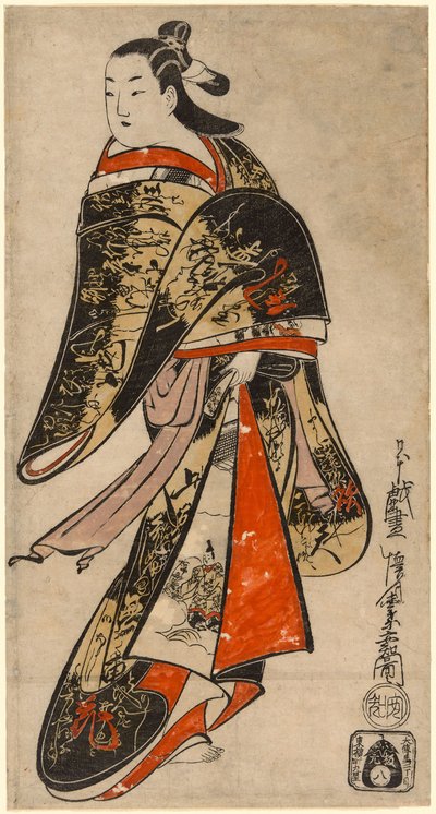 Wandelende courtisane, ca. 1714 (handgekleurde houtsnede; tan-e, verticaal o-oban) door Kaigetsudo Anchi