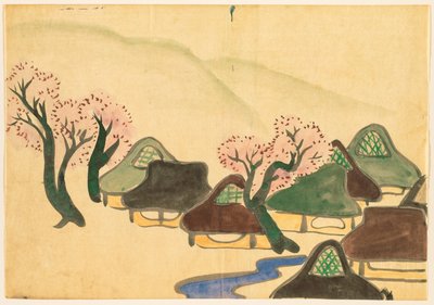 Bloemen van honderd werelden (Momoyogusa): Boerendorp in de lente (Harudenka) door Kamisaka Sekka