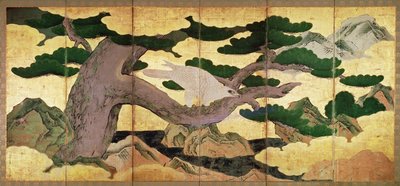 De Haviken in de Dennen, 6 panelen vouwscherm door Kano Eitoku