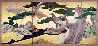 De Haviken in de dennen, 6-delig vouwscherm (pen en inkt, kleur, goud op paneel) door Kano Eitoku
