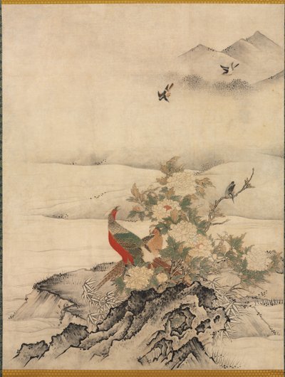 Bloemen en vogels in een lentelandschap, 1500s door Kano Motonobu