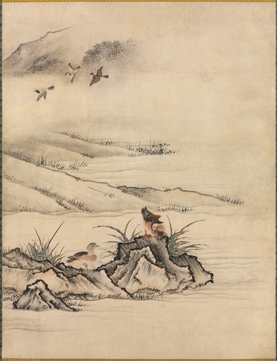 Bloemen en vogels in een lentelandschap, 1500s door Kano Motonobu