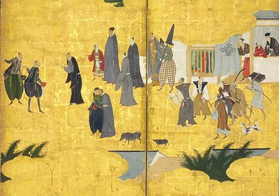 (detail) van de Zuidelijke Barbaren komen handelen, paar van zes-paneelschermen, begin 17e eeuw door Kano Naizen