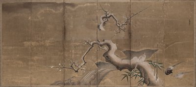 Winterscène met pruimenbomen en fazanten vogels links, begin 1600s door Kano Naonobu