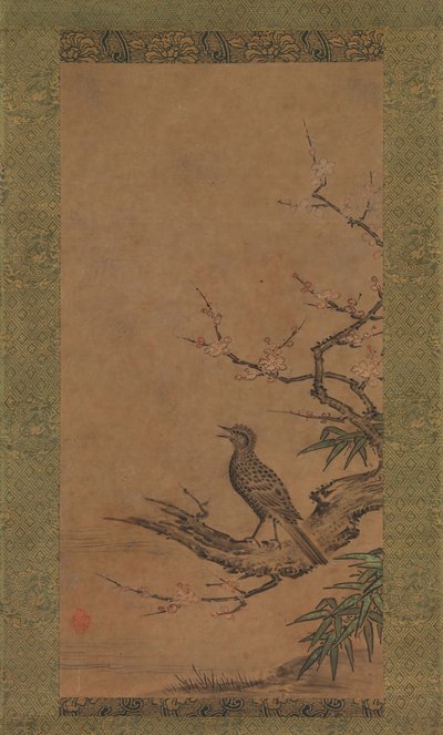 Bruin-Oor Bulbul Hiyodori op een Tak van Pruim door Kano Shoei