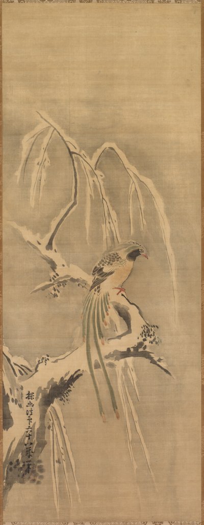 Chinese vogel op met sneeuw beladen tak door Kanō Tan’yū