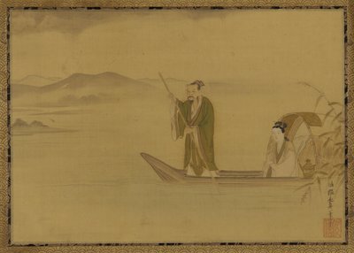 Chinese man en vrouw in een boot door Kano Yasunobu