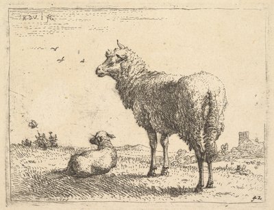 Een volwassen schaap in driekwart zicht staand en naar links kijkend, naast een liggend lam, ca. 1655 door Karel Du Jardin