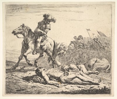 Slagveld met ruiter die over zijn linkerschouder kijkt naar een ontkleed lijk door Karel Du Jardin