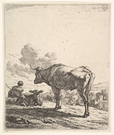 Koeherder met koe en kalf op een heuvel, de koeherder van achteren gezien en zittend, 1658 door Karel Du Jardin