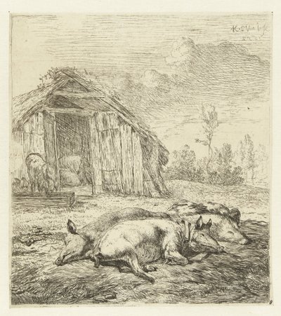 Drie varkens voor een hok door Karel Du Jardin