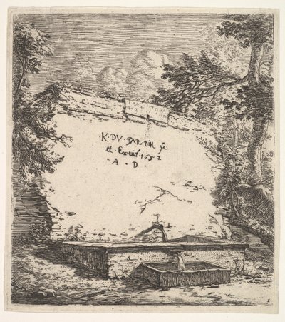 Frontispice met getrapte fontein, een stenen muur met wateruitloop die water in een rec... giet door Karel Du Jardin