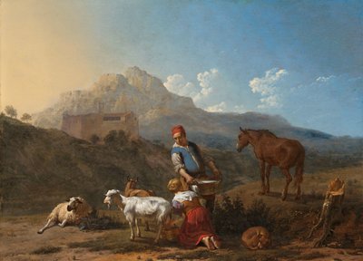 Italiaans landschap met meisje dat een geit melkt door Karel Du Jardin