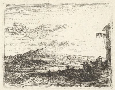 Landschap met hoek van gebouw en luifel uiterst rechts, twee figuren en een paard, ca. 1641-78 door Karel Du Jardin