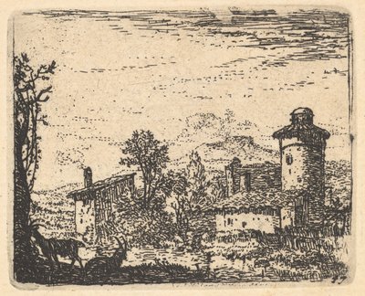 Landschap met twee gehoornde geiten in de schaduw op de voorgrond, dorpsgebouwen daarachter, ca. 1641-78 door Karel Du Jardin