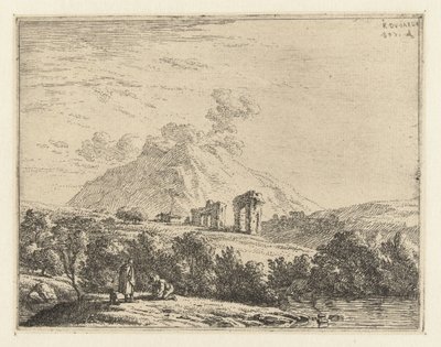 Landschap met ruïne en twee mannen met een hond door Karel Du Jardin