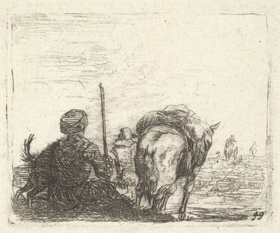 Pakpaard, zittende man met staf in rechterhand, en hond, allemaal van achteren gezien..., ca. 1641-78 door Karel Du Jardin