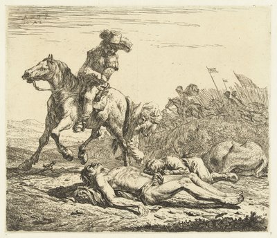 Slagveld met soldaat te paard en twee doden door Karel Du Jardin