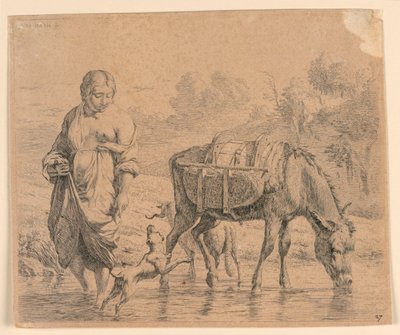 De boerin en de sumpter die een beek oversteken door Karel Du Jardin