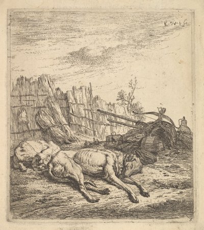 Twee honden slapend op de grond, een ploeg, landbouwgereedschap, bundels stro, en een..., ca. 1641-78 door Karel Du Jardin