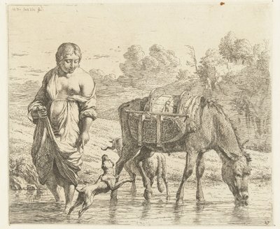 Vrouw en ezel staan in ondiep water, een hond springt op voor haar voeten door Karel Du Jardin
