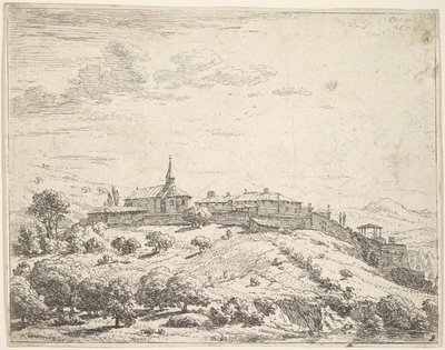 Ommuurd dorp op een heuvel, met kerk links en gebouwen gebouwd op de helling, 1658 door Karel Du Jardin